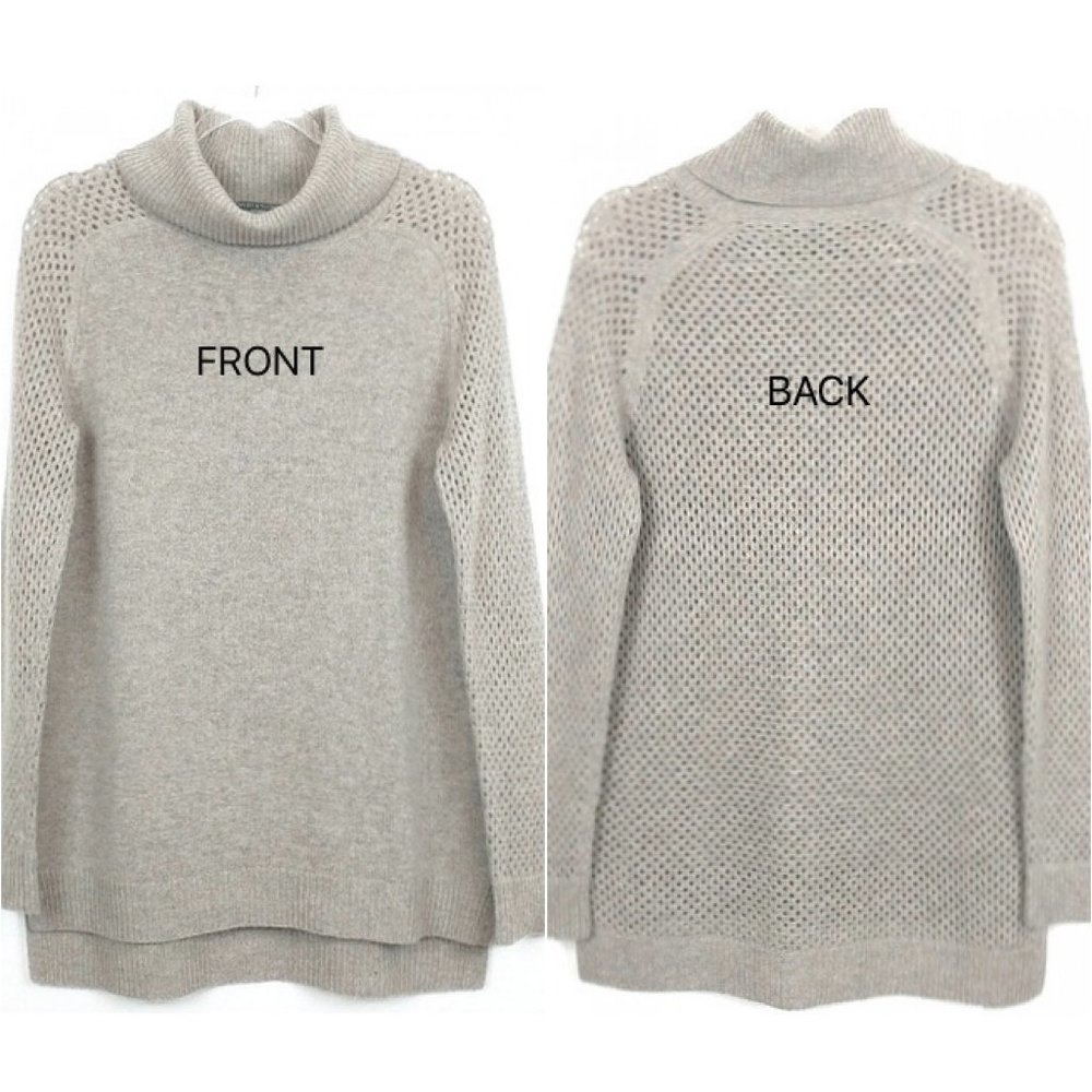 Long T-neck sweater L Taupe Wool Cashmere Eyelet knit High-low Brown Turtleneck